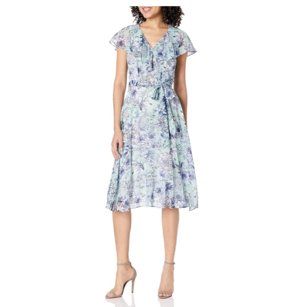 TOMMY HILFIGER Green Blue Floral Flutter Capelet Sleeve Midi Dress Size 18W